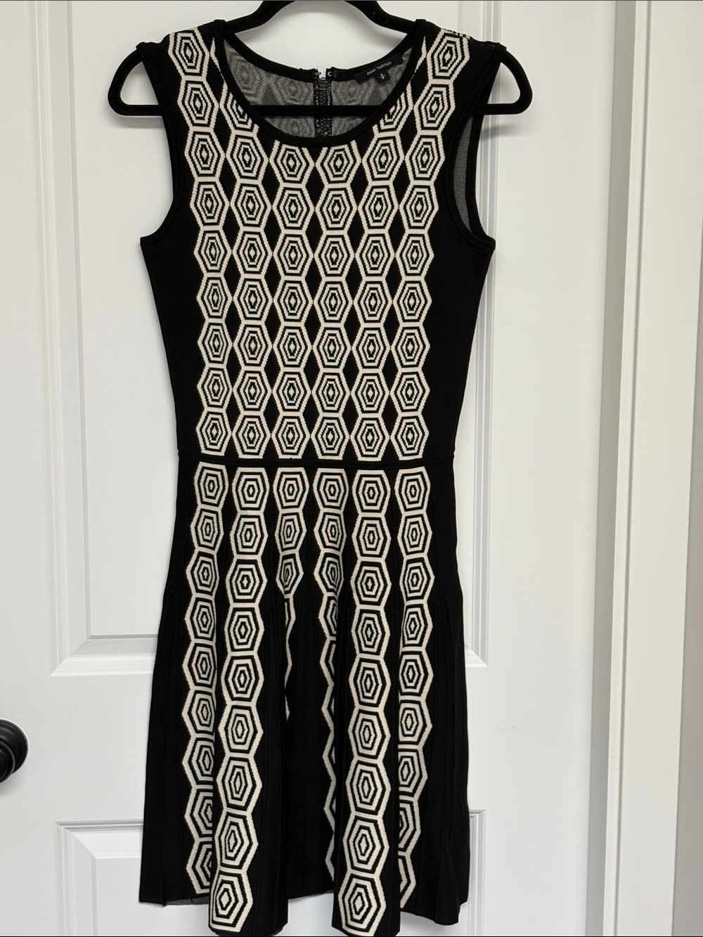 Pink Tartan Black and Cream Geometric knit Fit-and-Flare Midi Dress